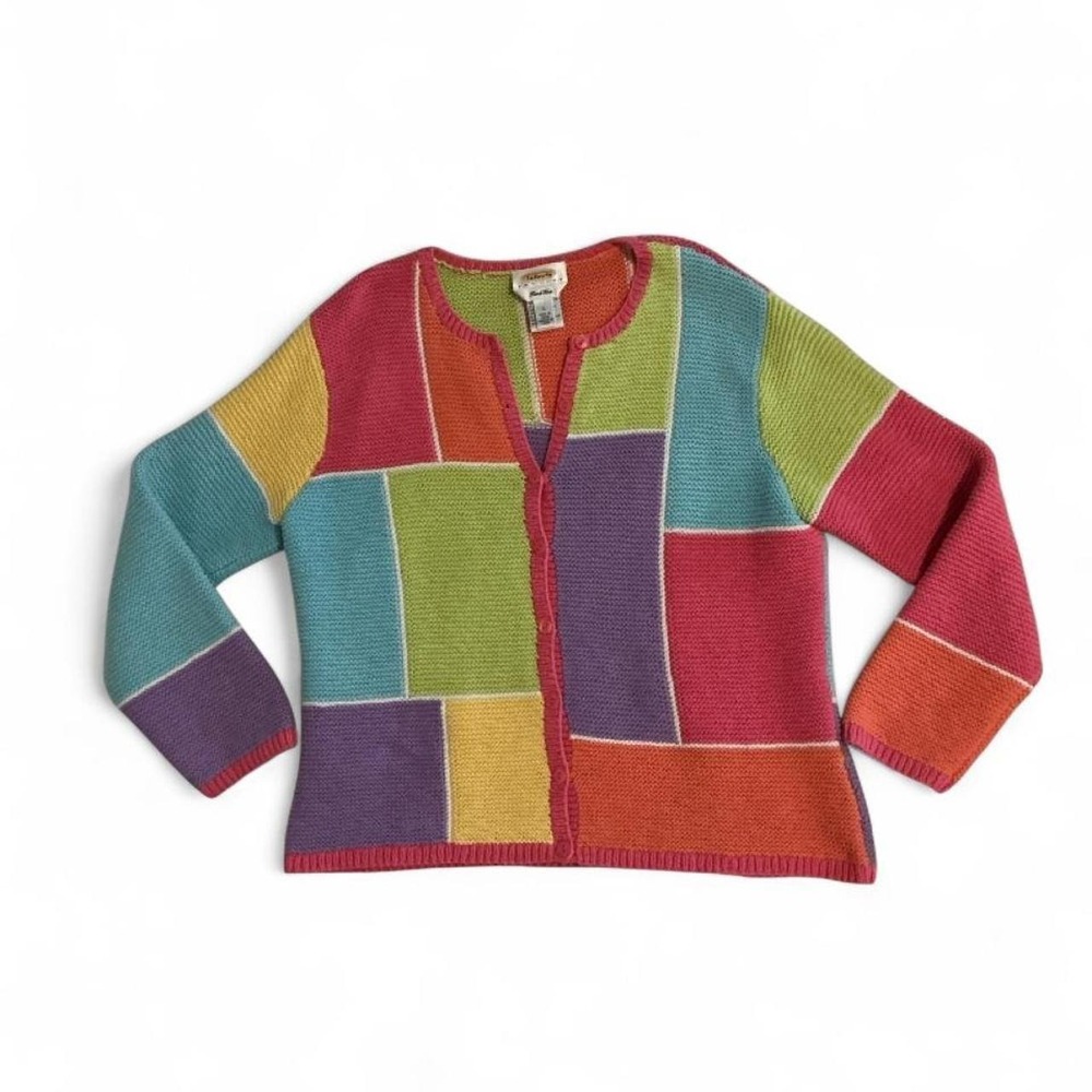 Talbots Patchwork Cardigan Women L Petite Multi Color Good Hand Knit Cotton